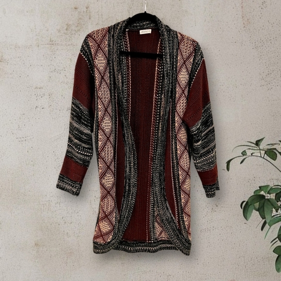 Ardene Sweaters - Open Front Long Knit Cardigan in Burgundy